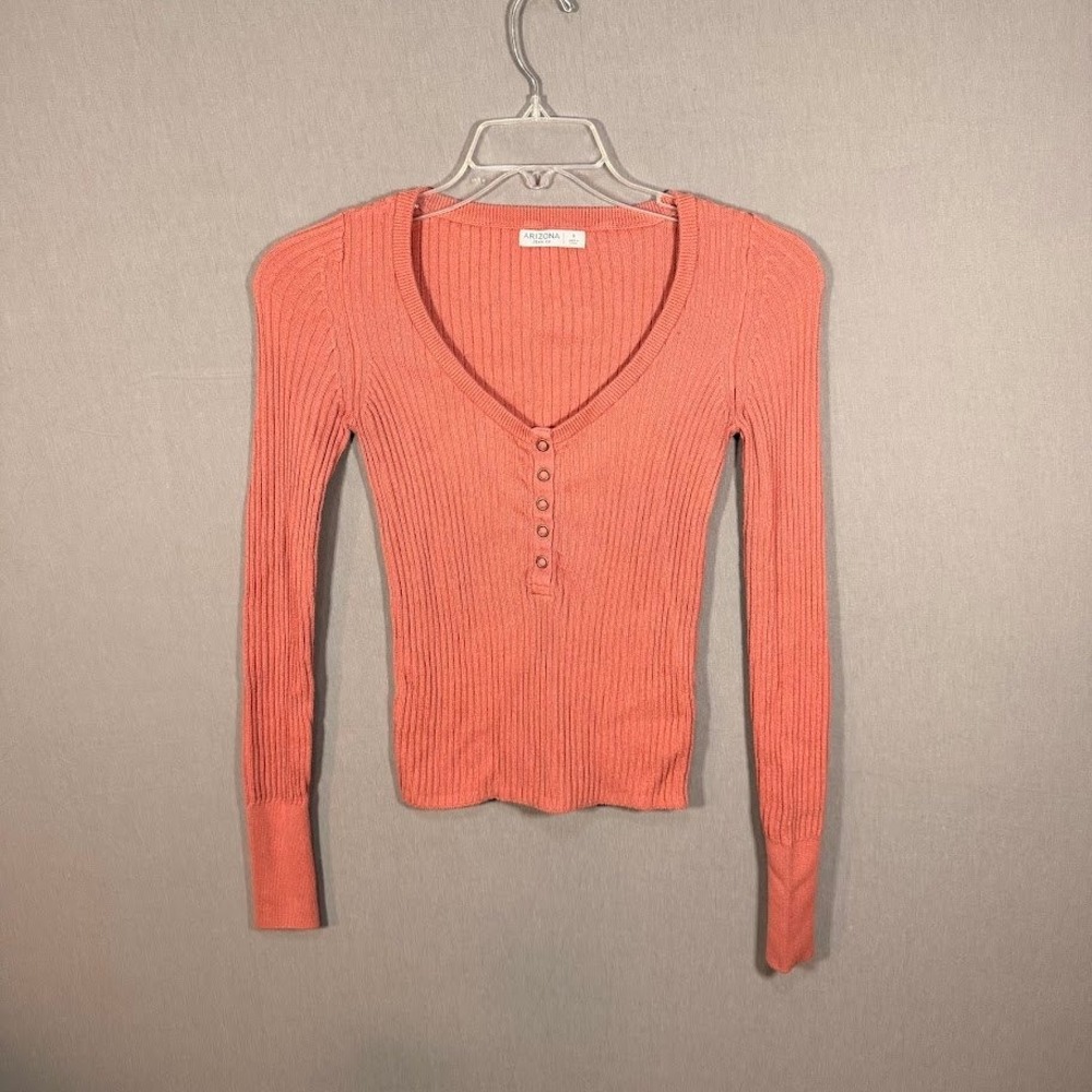 Y2K Fitted Snap Coral Pink Ribbed Henley Long Sleeve Top Small Bella Swan